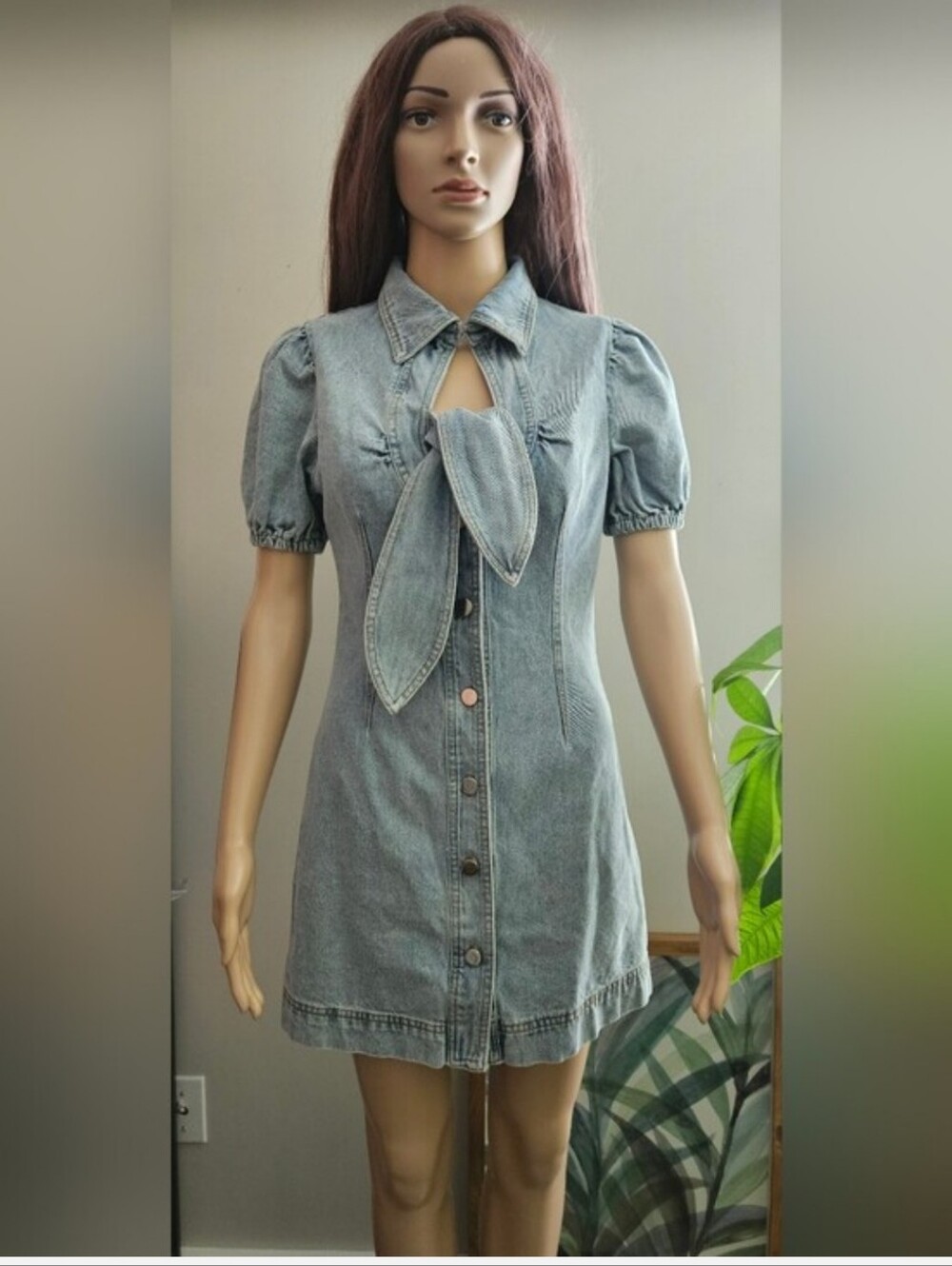 Rare STELLA MCCARTNEY Denim Button Down Dress  Tie-Neck Short Sleeves Light Blue